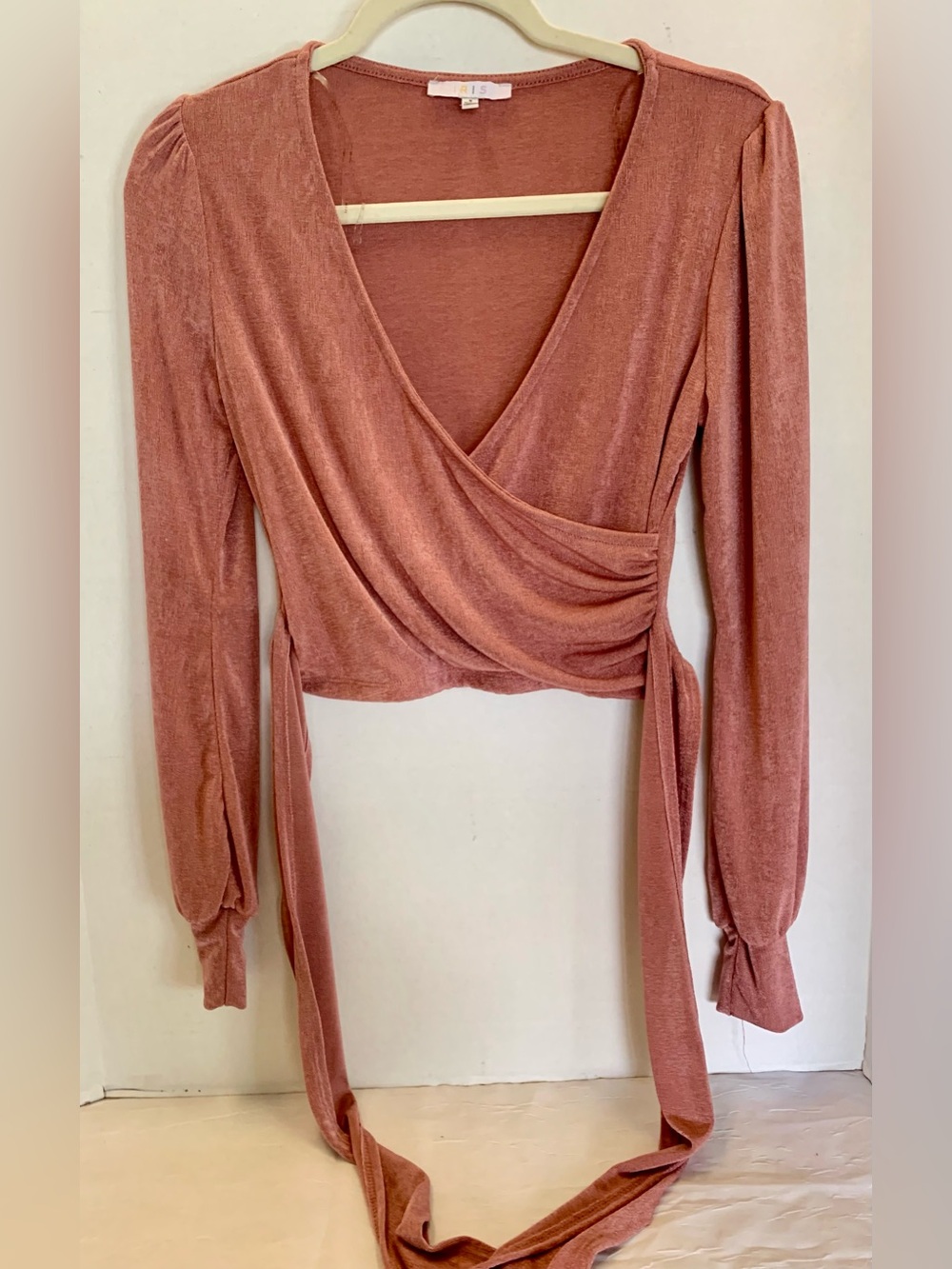 Wrap-Front Long Sleeve shimmer Top in Dusty Rose. Small